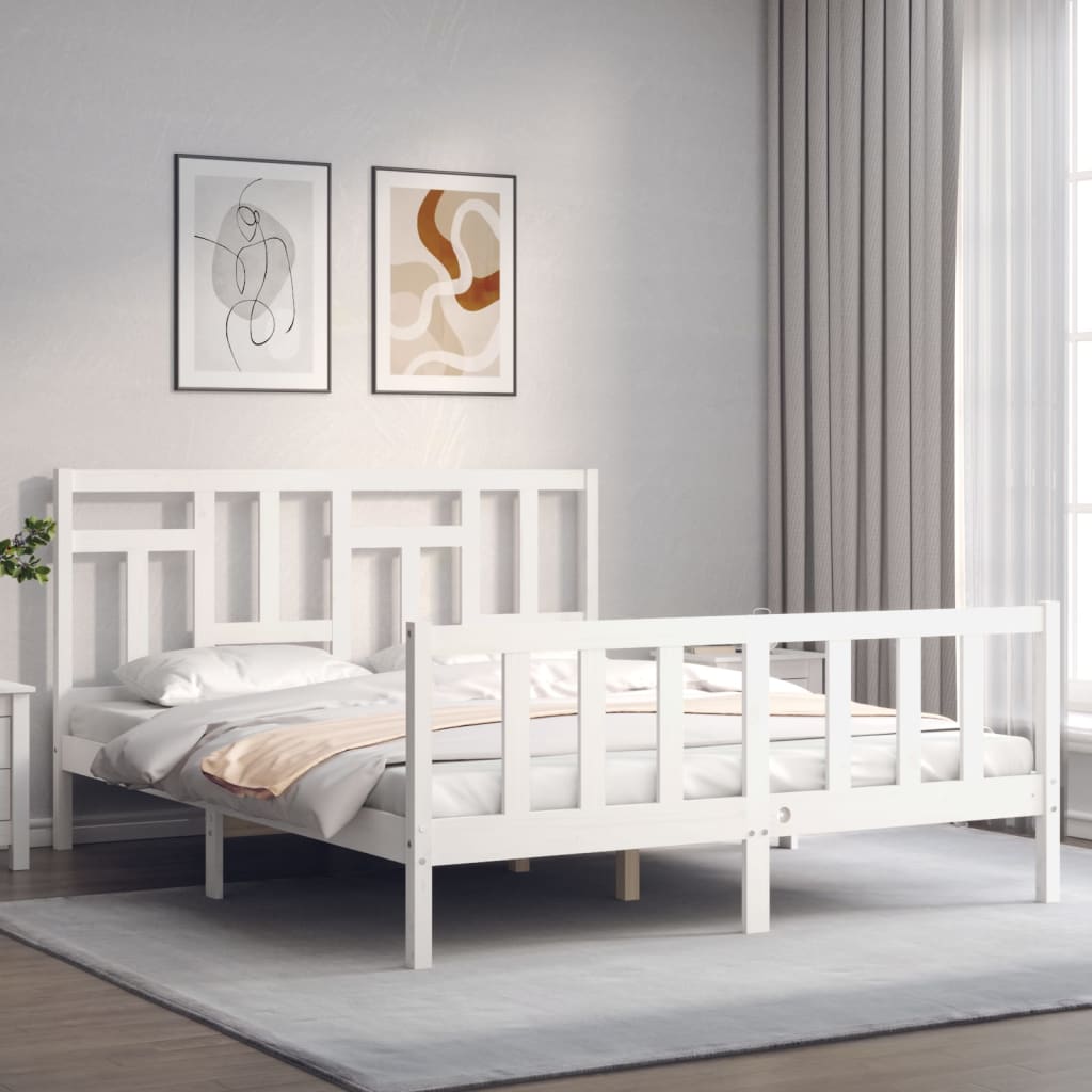 vidaXL Estrutura de cama King Size com cabeceira madeira maciça branco