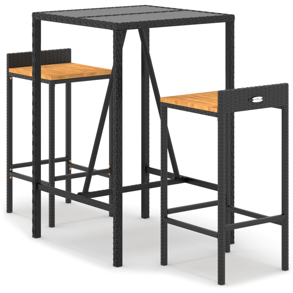 vidaXL 3 pcs conjunto de bar p/ jardim vime PE/acácia maciça preto