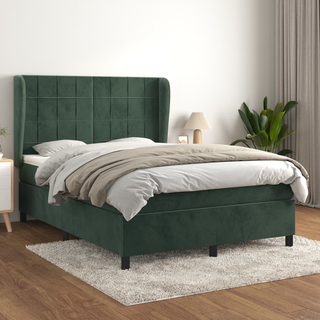 vidaXL Cama com molas/colchão 140x200 cm veludo verde-escuro