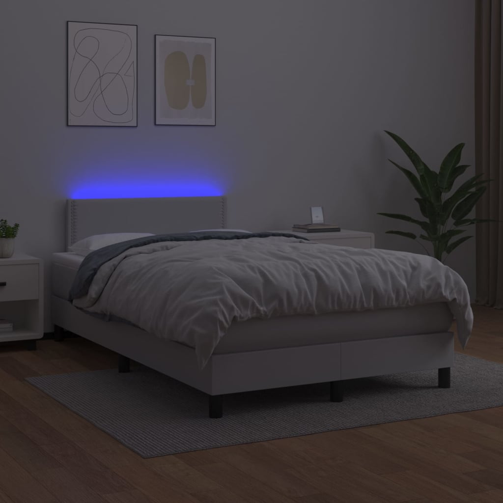 vidaXL Cama box spring c/colchão/LED 120x200cm couro artificial branco