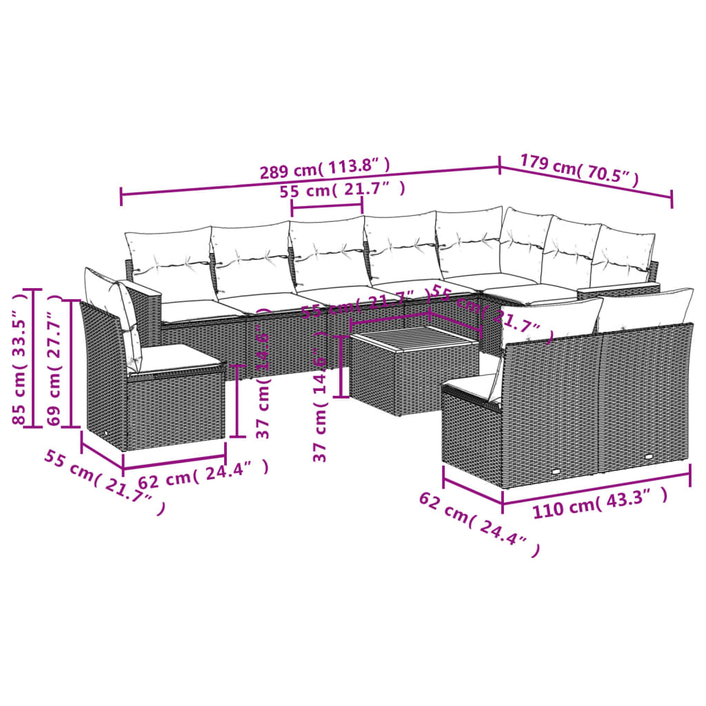 vidaXL 11 pcs conjunto sofás de jardim c/ almofadões vime PE preto