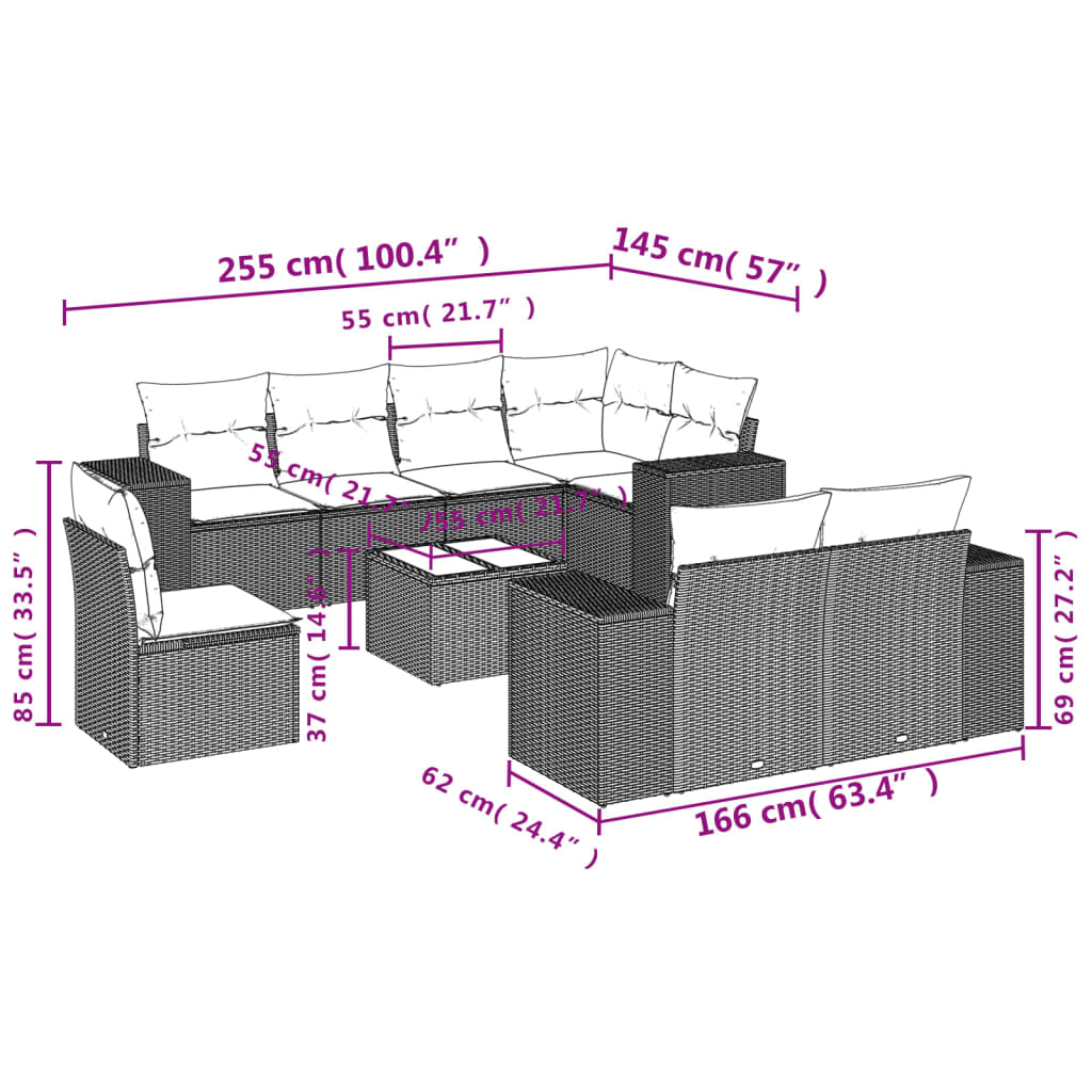 vidaXL 9 pcs conjunto sofás p/ jardim com almofadões vime PE cinzento