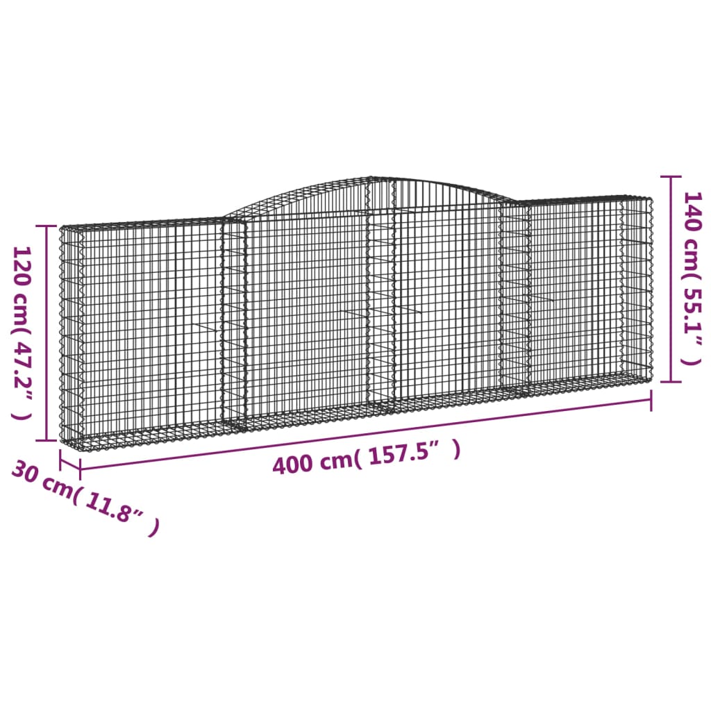 vidaXL Cestos gabião arqueados 5pcs 400x30x120/140cm ferro galvanizado