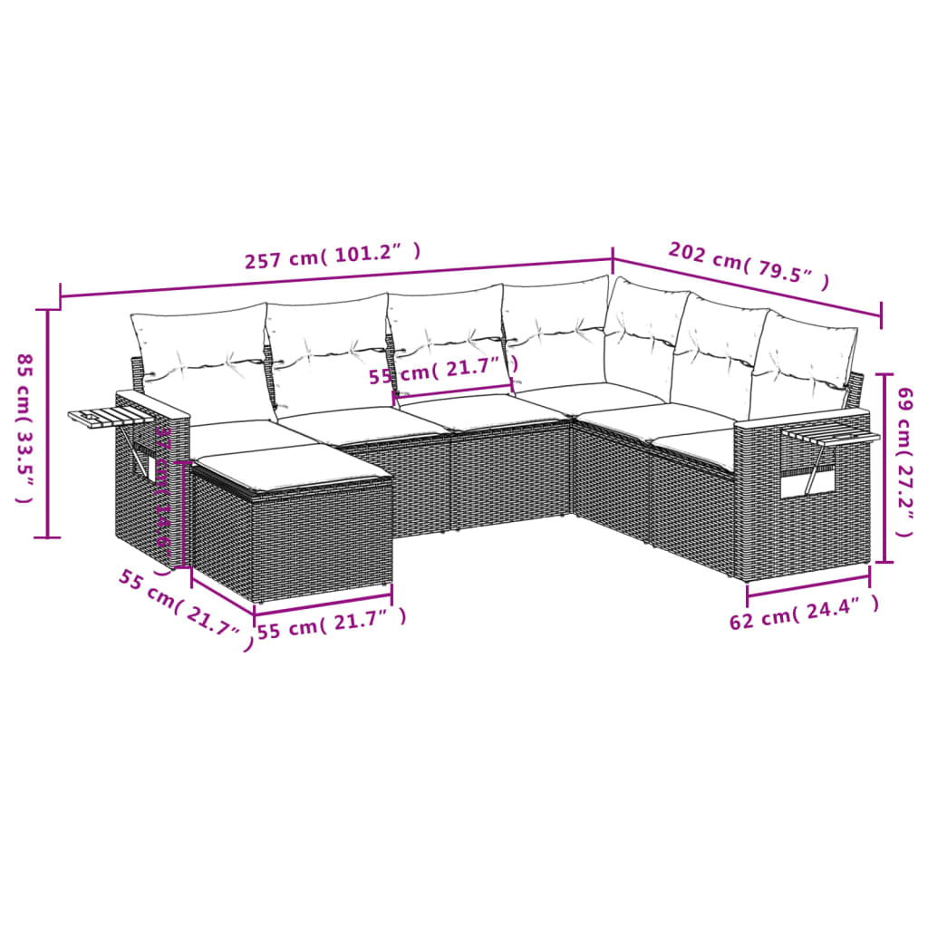 vidaXL 7 pcs conjunto de sofás p/ jardim c/ almofadões vime PE preto