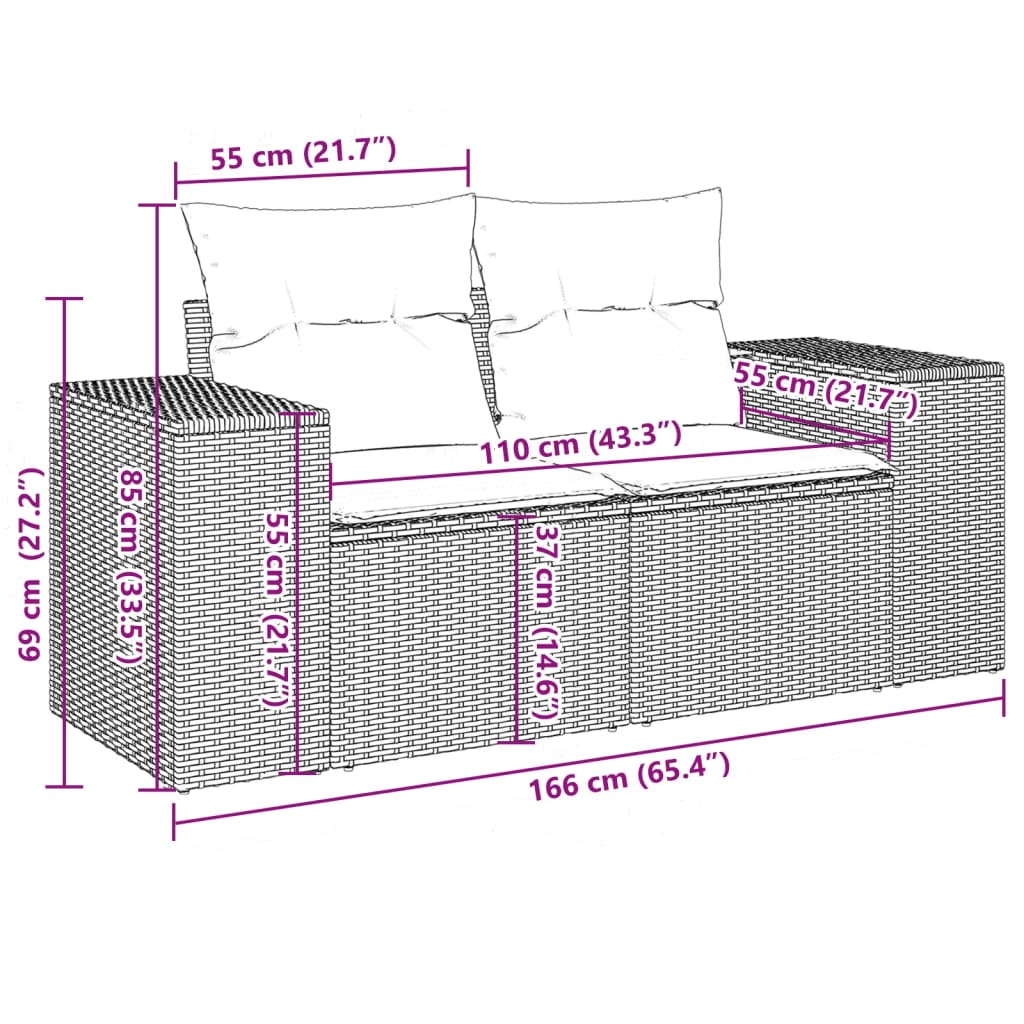 vidaXL 10 pcs conjunto sofás de jardim c/ almofadões vime PE cinzento