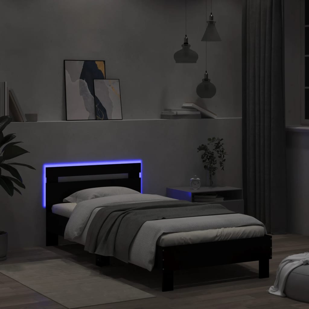 vidaXL Estrutura de cama com cabeceira e luzes LED 100x200 cm preto