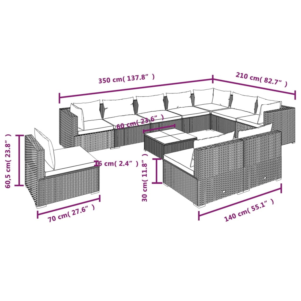 vidaXL 11 pcs conjunto lounge de jardim c/ almofadões vime PE cinzento