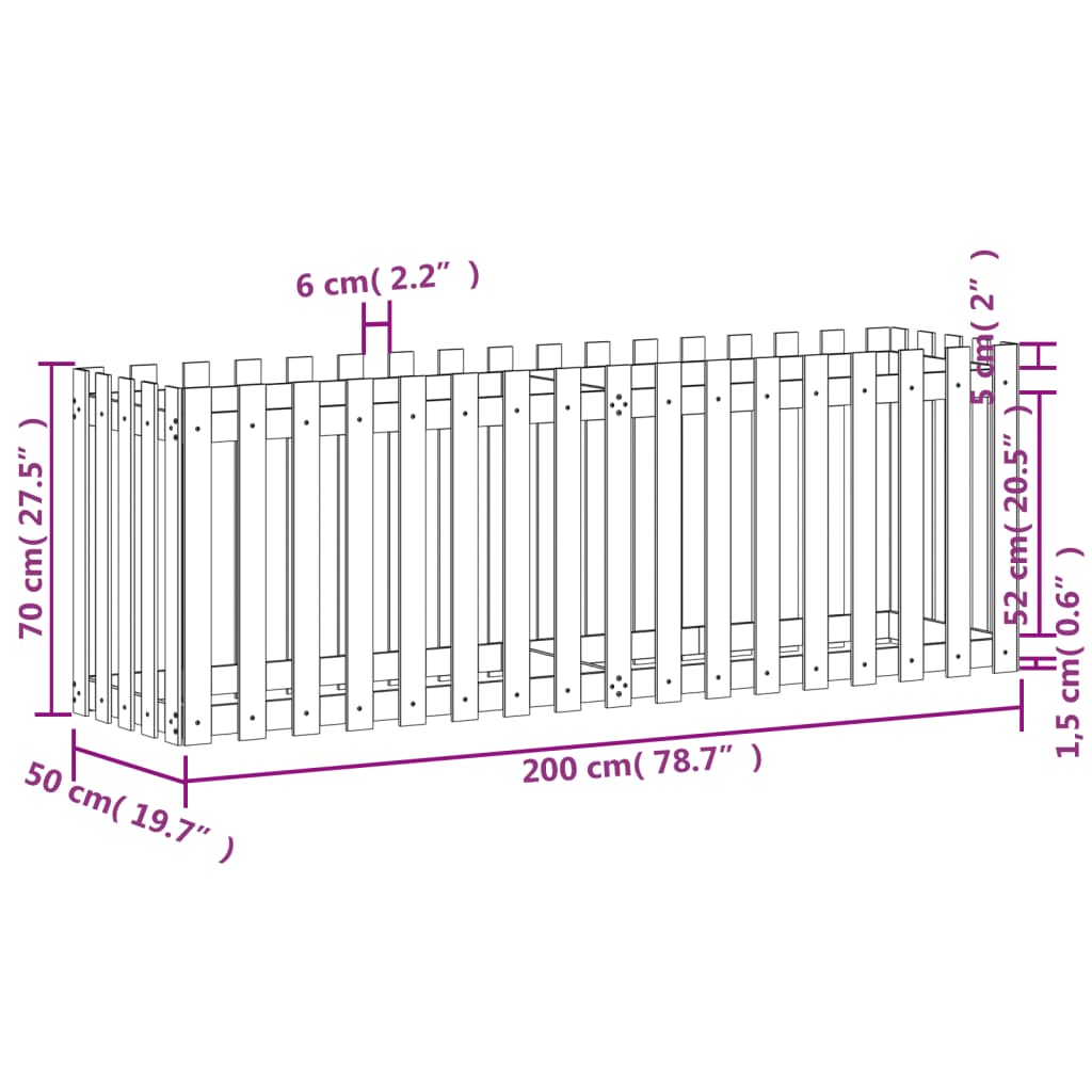 vidaXL Canteiro elevado c/ design cerca 200x50x70 cm pinho impregnado