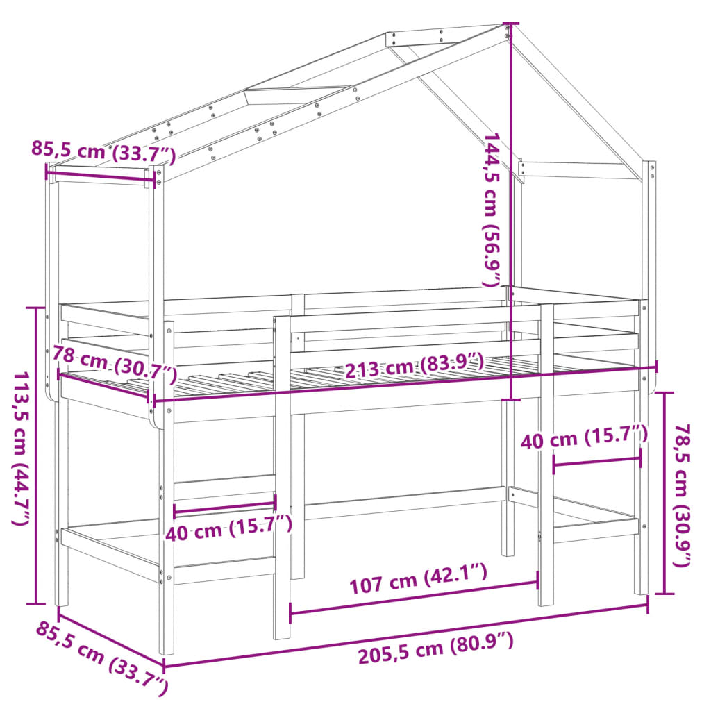 vidaXL Cama alta c/ escada e telhado 80x200 cm pinho maciço