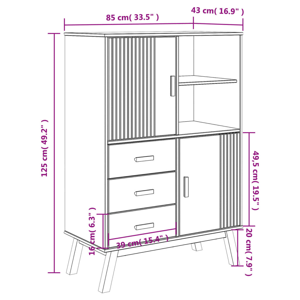 vidaXL Armário alto OLDEN 85x43x125 cm pinho maciço cinzento/castanho