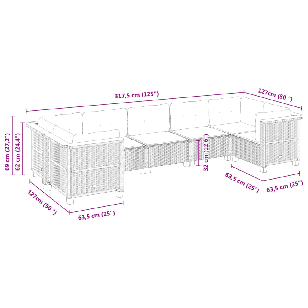 vidaXL 7 pcs conjunto sofás p/ jardim c/ almofadões vime PE cinzento