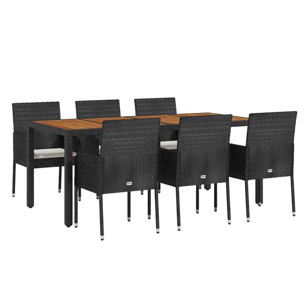 vidaXL 7 pcs conjunto de jantar p/ jardim c/ almofadões vime PE preto