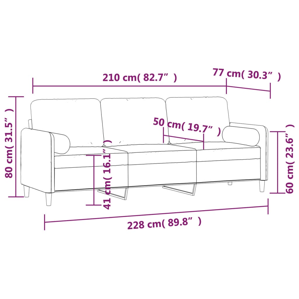 vidaXL Sofá 3 lug. c/ almofadas/almofadões 210 cm tecido cinza-escuro