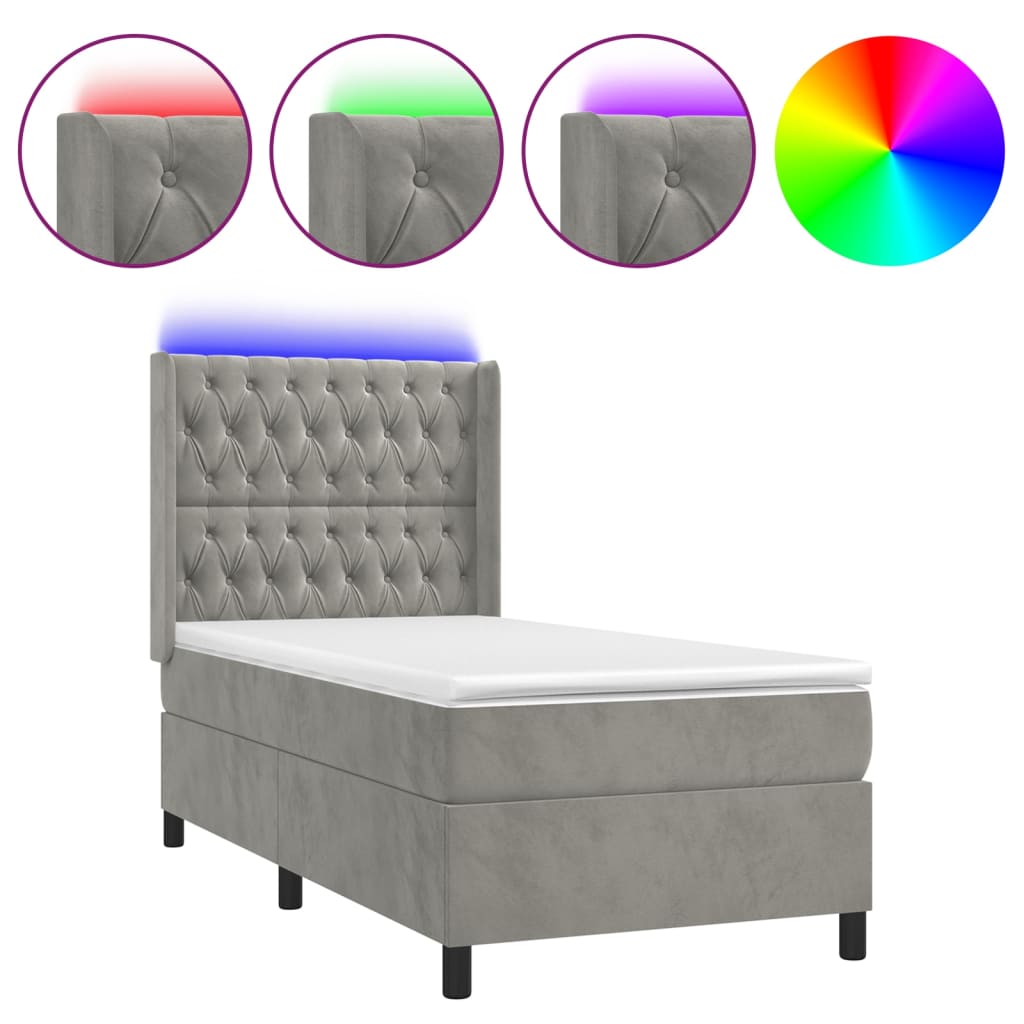 vidaXL Cama box spring c/ colchão/LED 90x200 cm veludo cinzento-claro