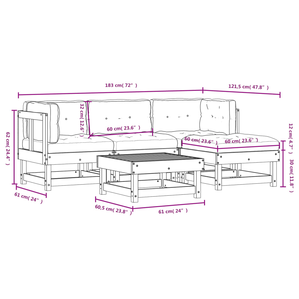 vidaXL 5 pcs conjunto lounge jardim com almofadões madeira maciça