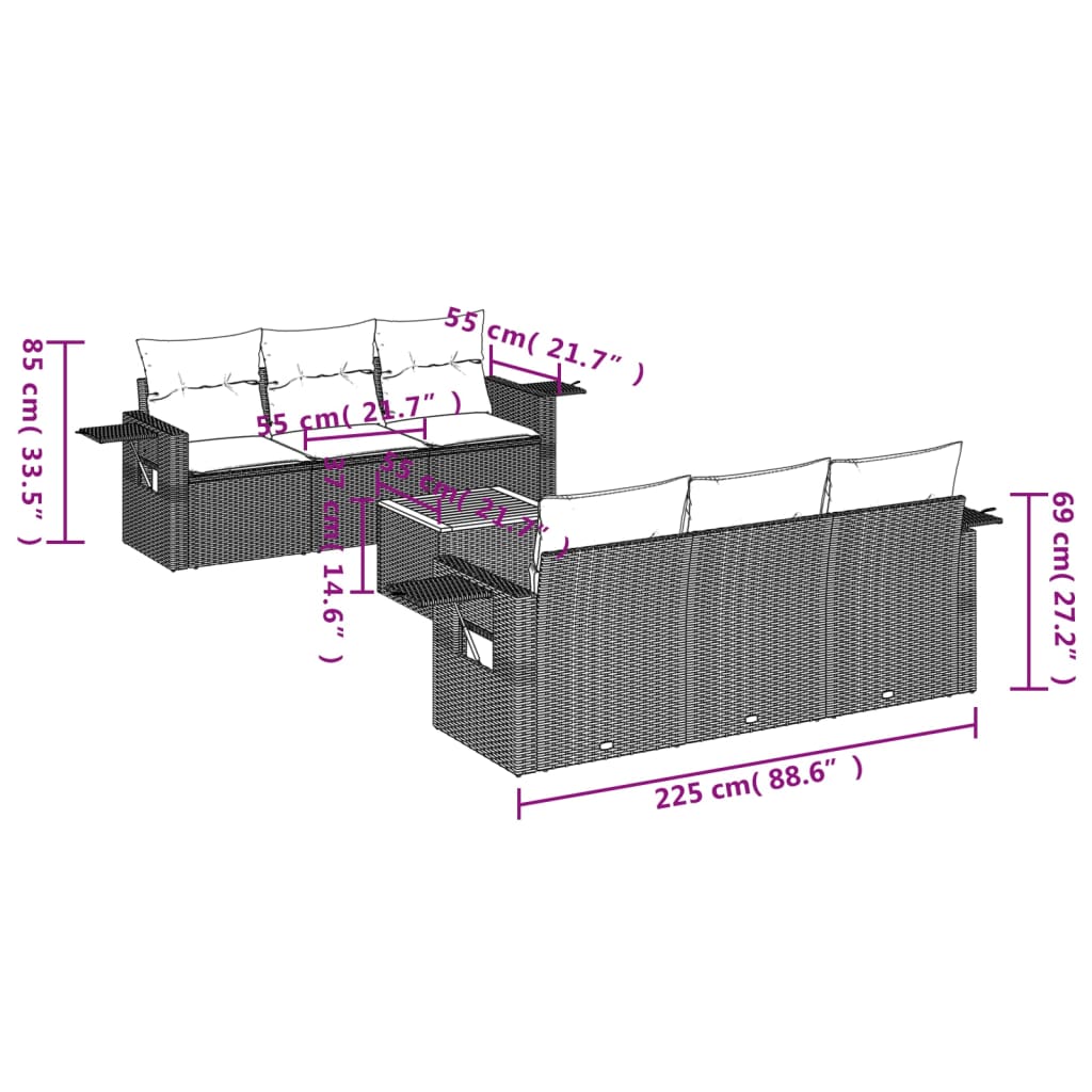 vidaXL 7 pcs conjunto sofás p/ jardim c/ almofadões vime PE cinzento