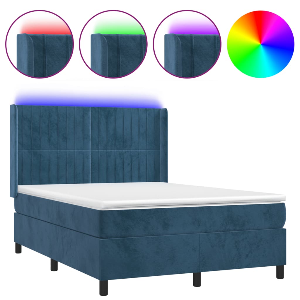 vidaXL Cama box spring c/ colchão/LED 140x190 cm veludo azul-escuro