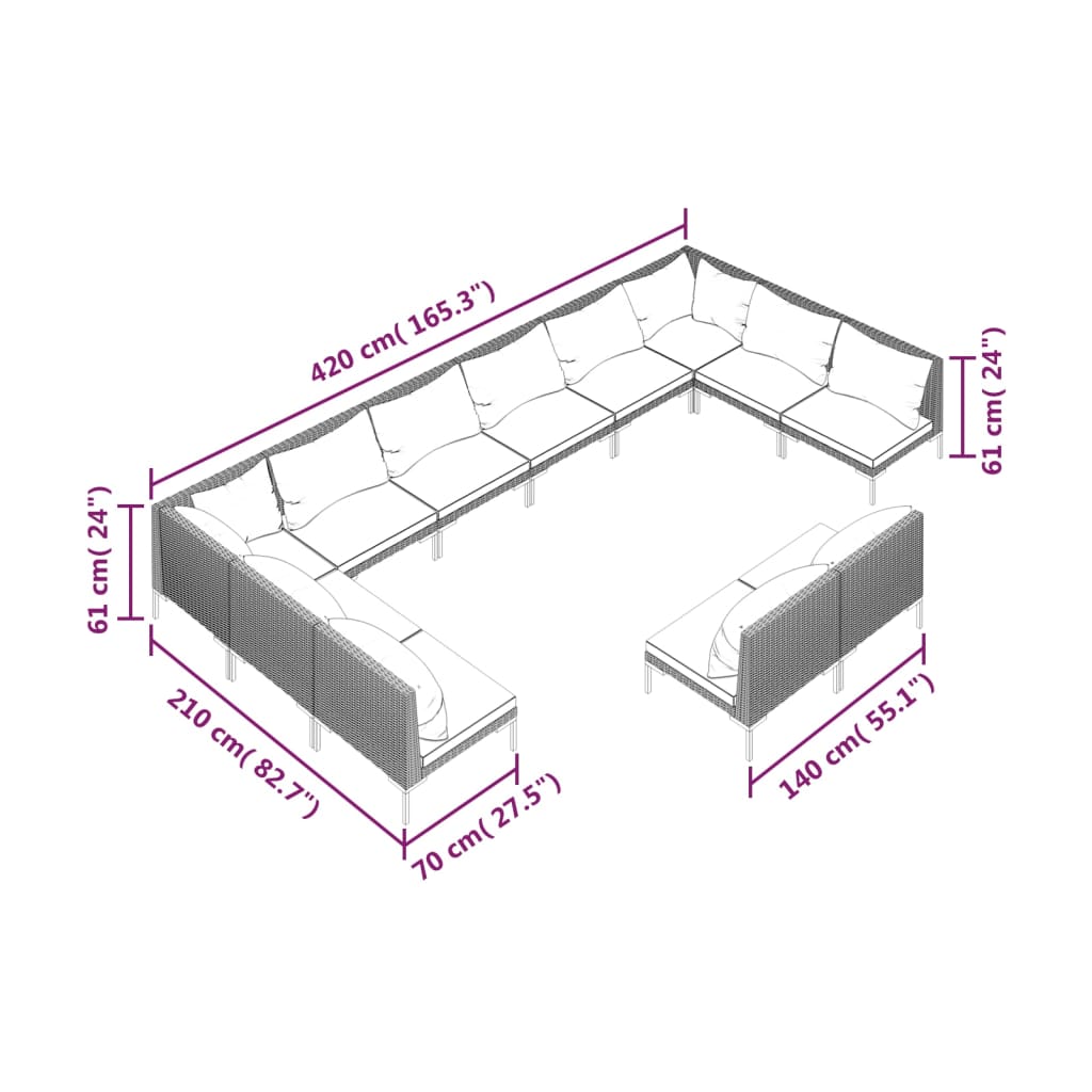 vidaXL 12 pcs conj. lounge jardim c/ almofadões vime PE cinza-escuro