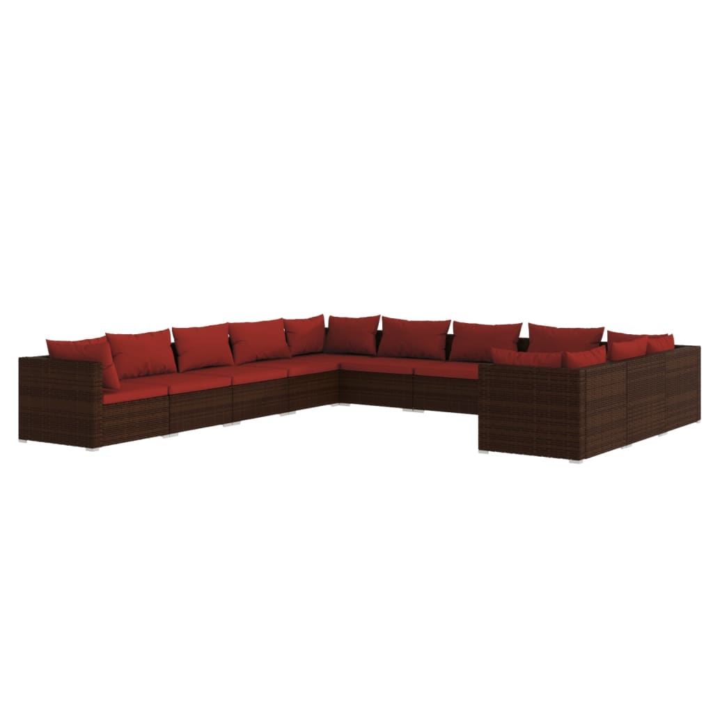 vidaXL 11 pcs conjunto lounge jardim c/ almofadões vime PE castanho