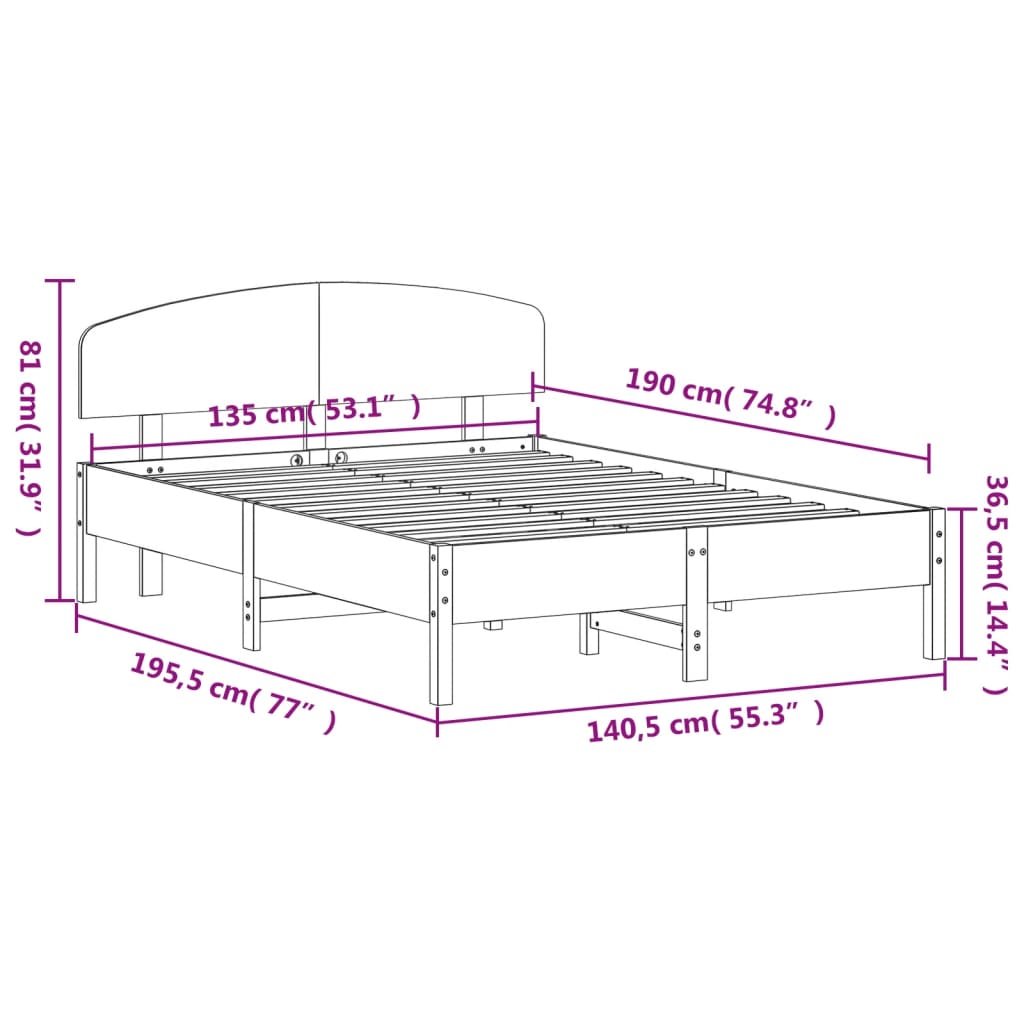 vidaXL Cama sem colchão 135x190 cm madeira de pinho maciça branco