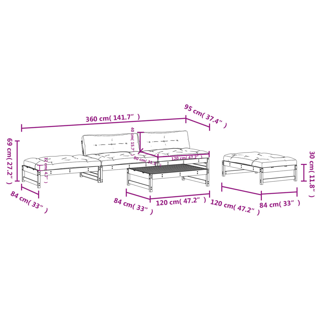 vidaXL 5pcs conjunto lounge jardim com almofadões madeira maciça preto