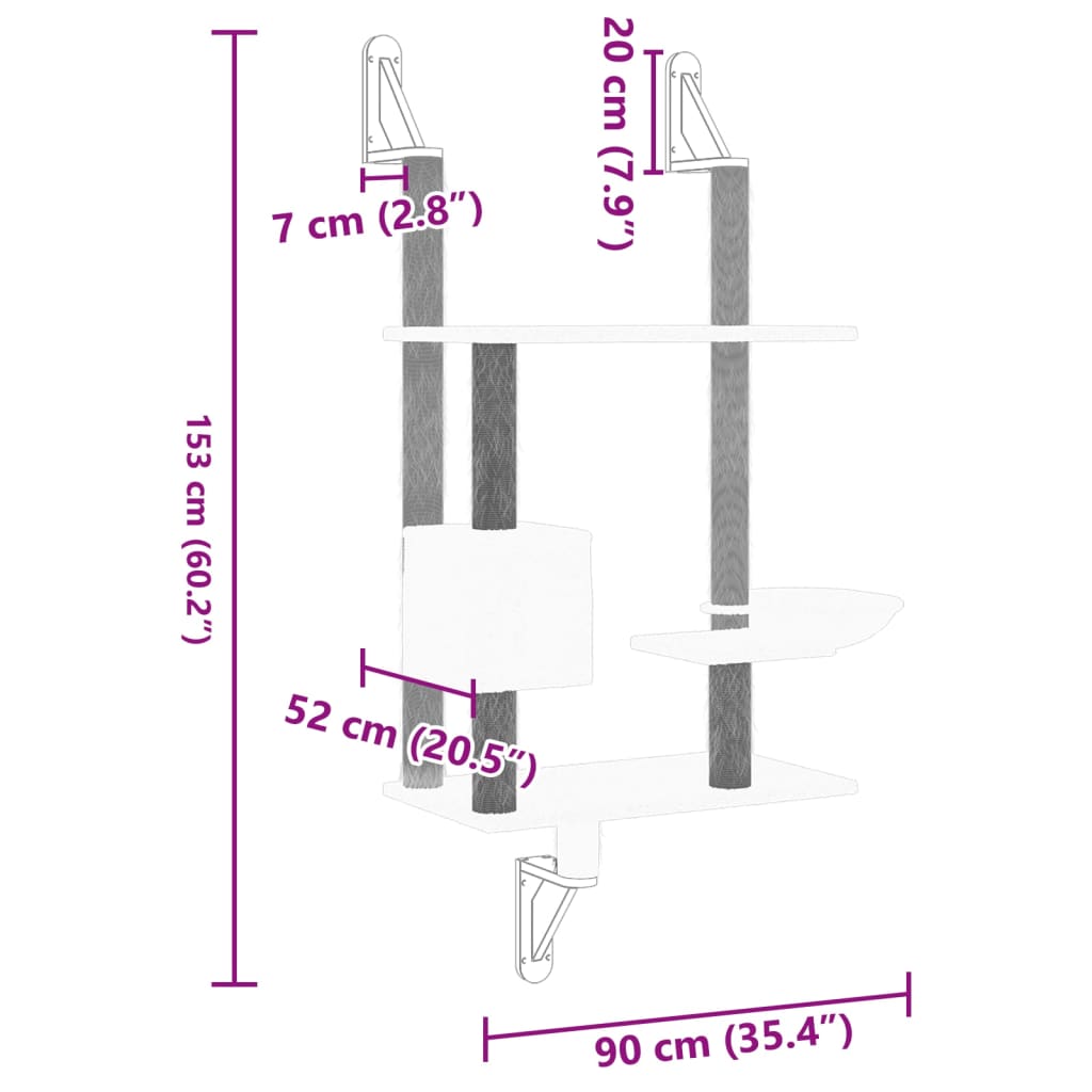 vidaXL Árvore parede p/ gatos c/ poste arranhador 153 cm cinza-claro