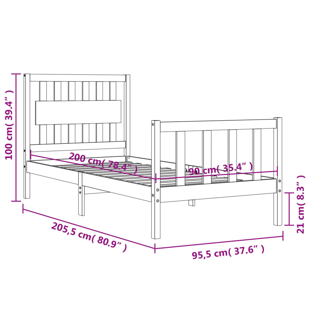 vidaXL Estrutura de cama com cabeceira 90x200 cm madeira maciça