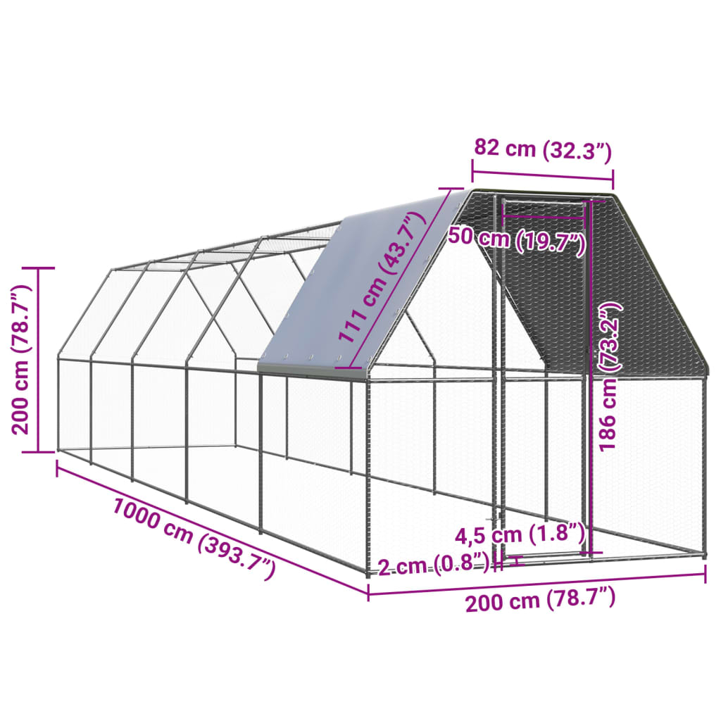 vidaXL Galinheiro de exterior 2x10x2 m aço galvanizado