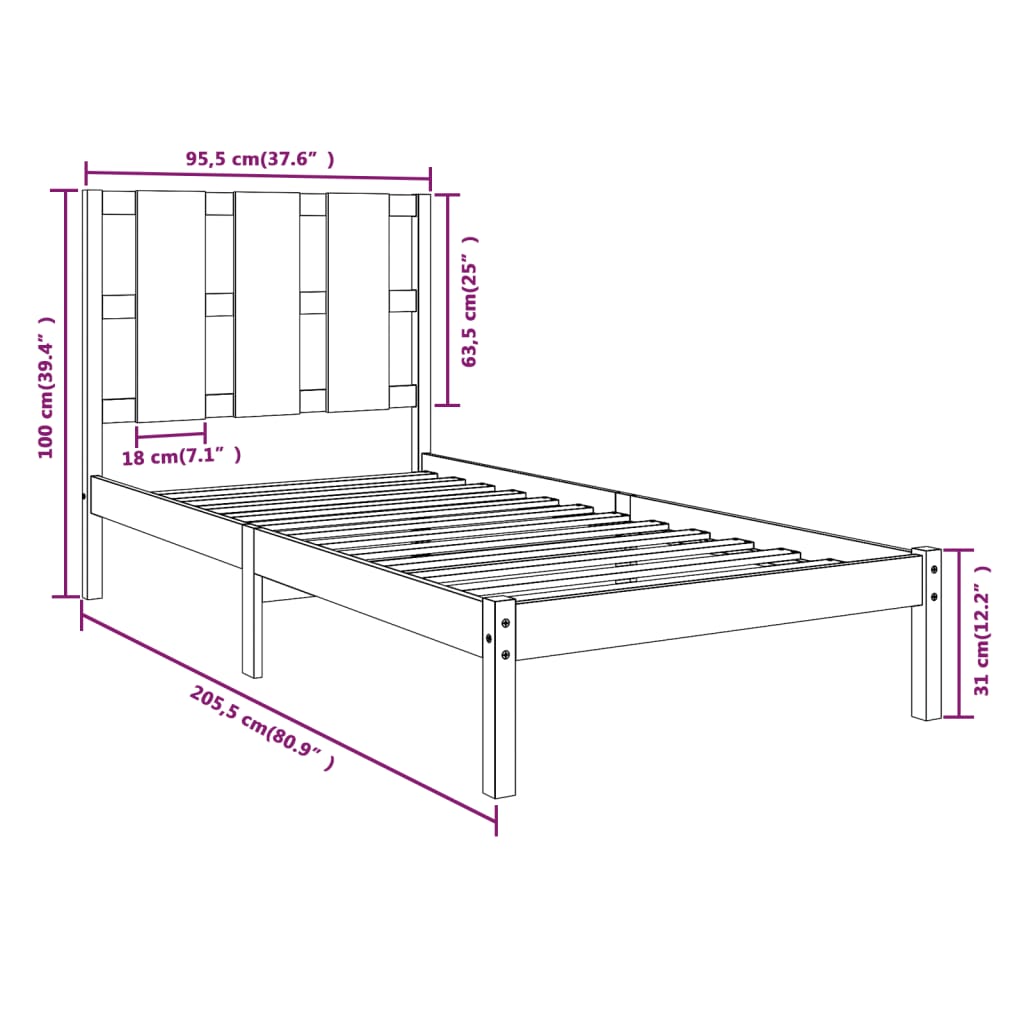 vidaXL Estrutura de cama 90 x 200 cm pinho maciço