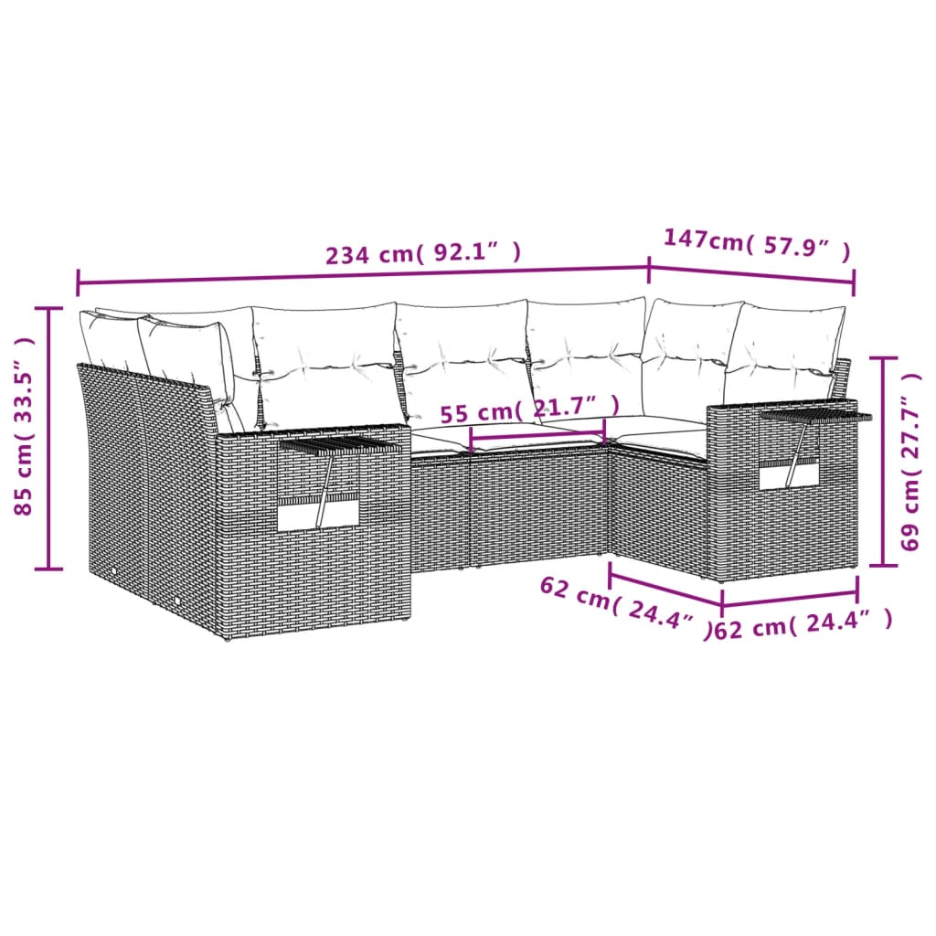 vidaXL 6 pcs conjunto sofás de jardim c/ almofadões vime PE preto