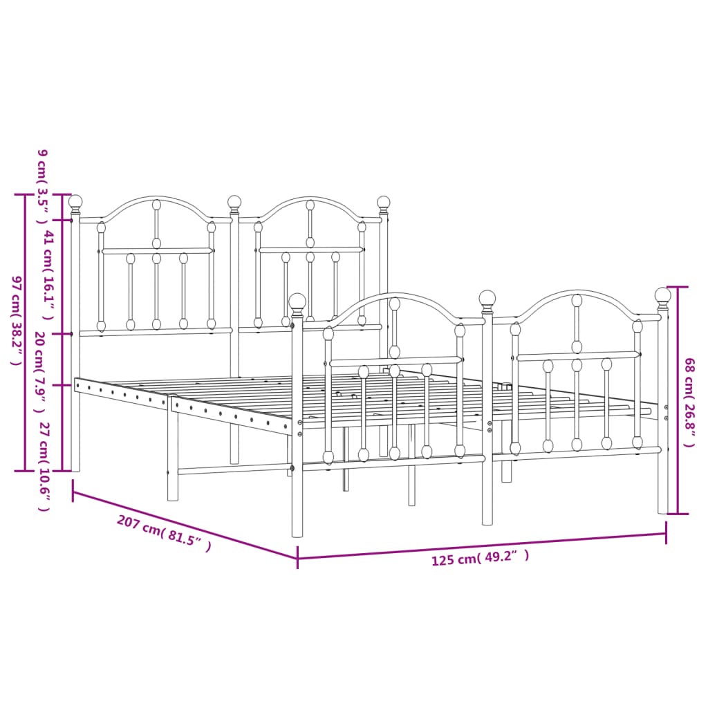 vidaXL Estrutura de cama com cabeceira e pés 120x200 cm metal preto