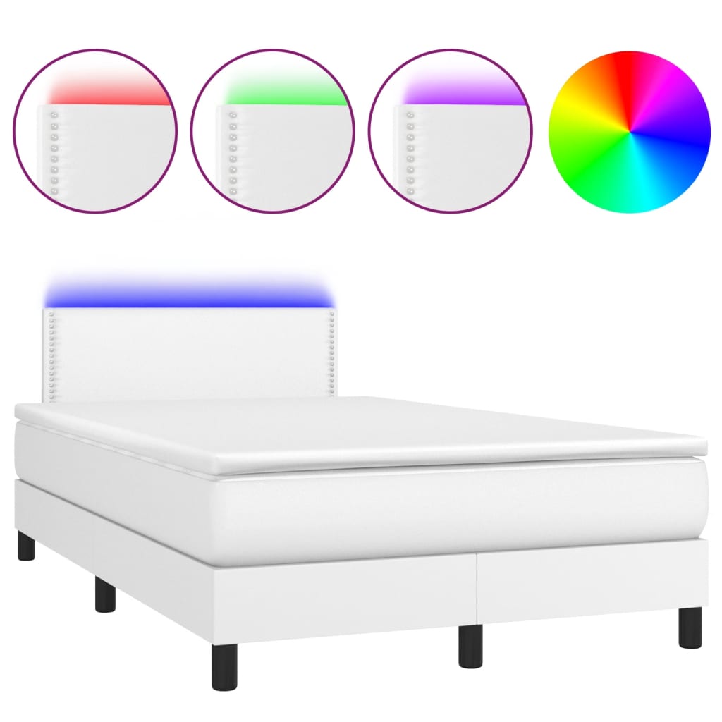 vidaXL Cama box spring c/colchão/LED 120x200cm couro artificial branco