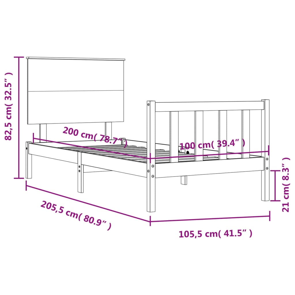 vidaXL Estrutura de cama com cabeceira 100x200 cm madeira maciça preto