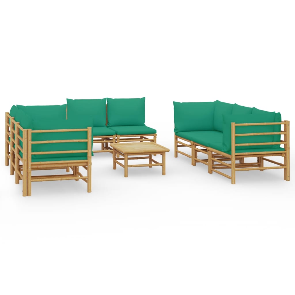 vidaXL 9 pcs conjunto lounge de jardim bambu c/ almofadões verdes