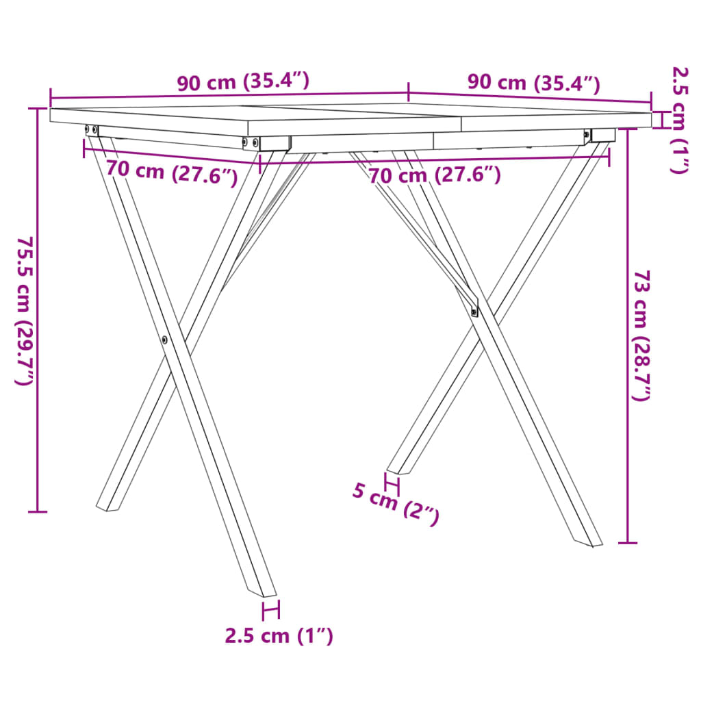 vidaXL Mesa de jantar estrutura em X 90x90x75,5 cm pinho/ferro fundido