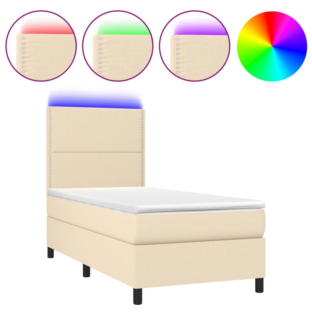 vidaXL Cama box spring c/ colchão e LED 100x200 cm tecido cor creme