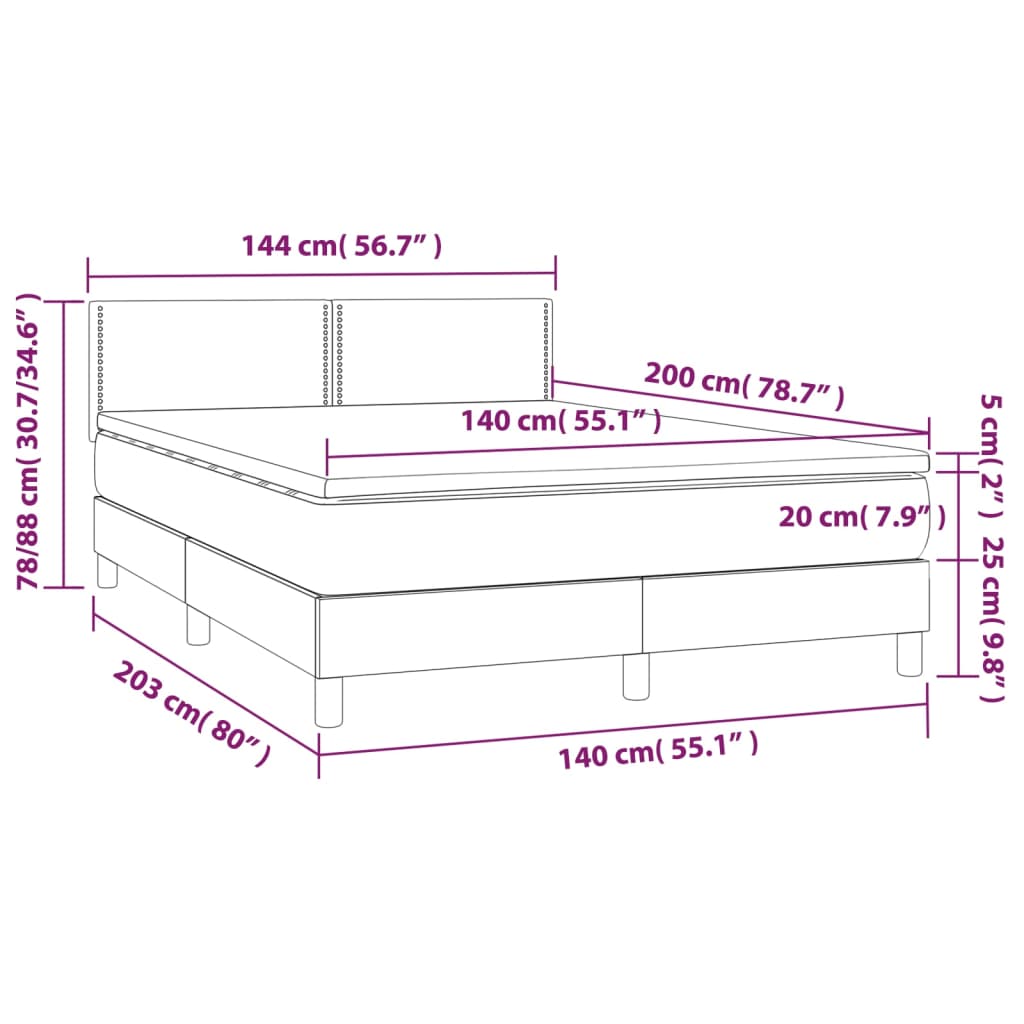 vidaXL Cama box spring c/ colchão e LED 140x200 cm tecido azul