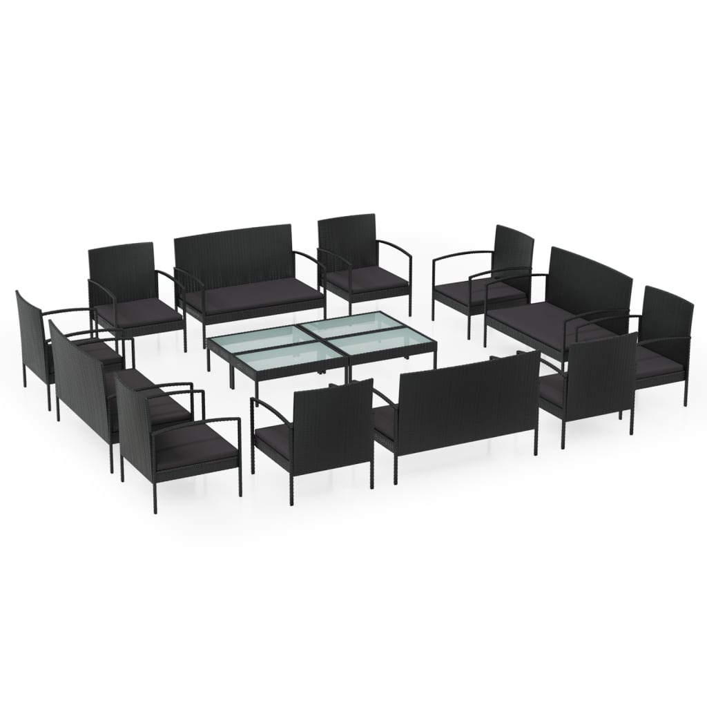 vidaXL 16 pcs conjunto lounge de jardim c/ almofadões vime PE preto