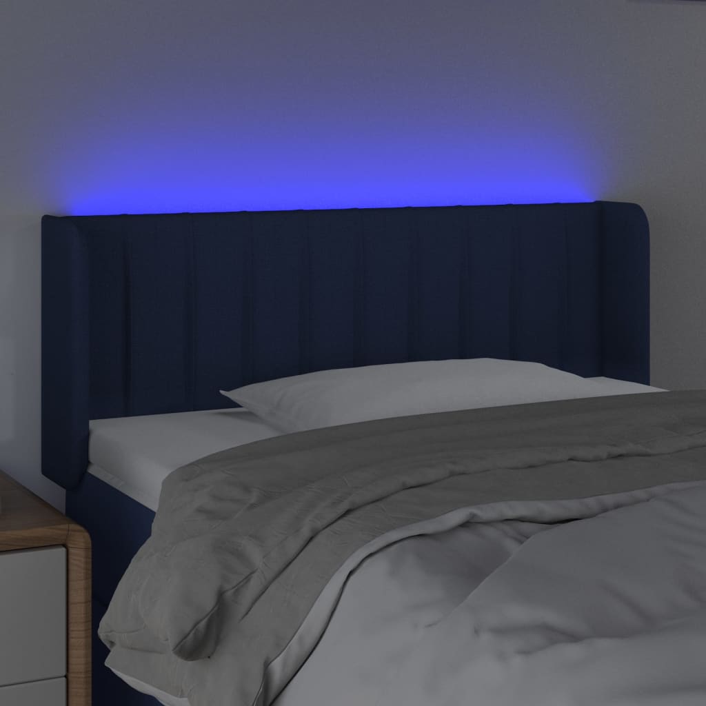 vidaXL Cabeceira de cama c/ luzes LED tecido 83x16x78/88 cm azul