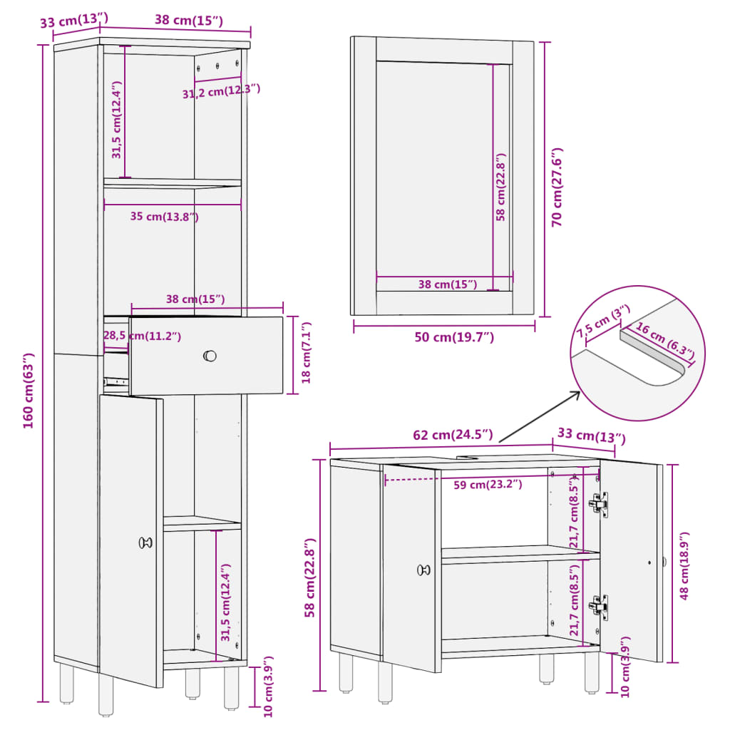 vidaXL 3 pcs conjunto de móveis para casa de banho acácia maciça