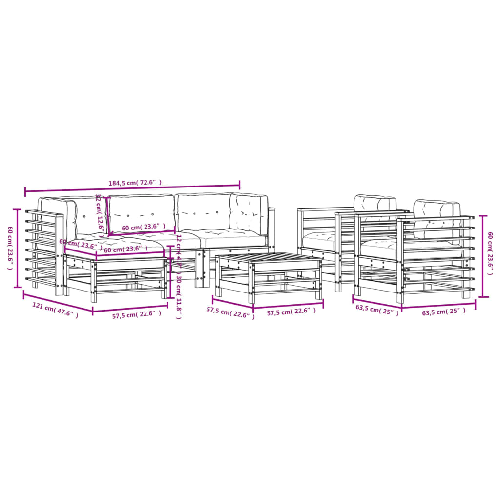 vidaXL 7 pcs conjunto lounge de jardim com almofadões douglas maciça