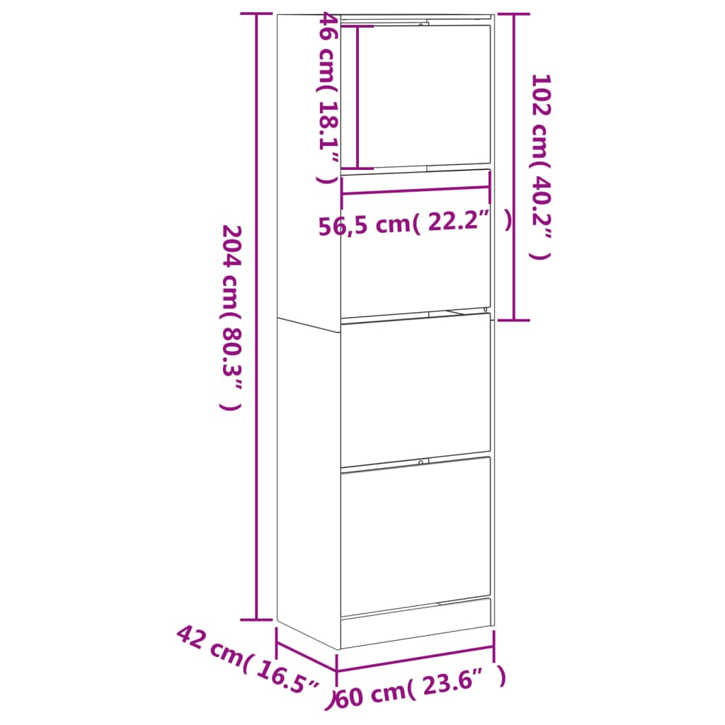 vidaXL Sapateira c/ 4 gavetas articuladas 60x42x204 cm cinza cimento