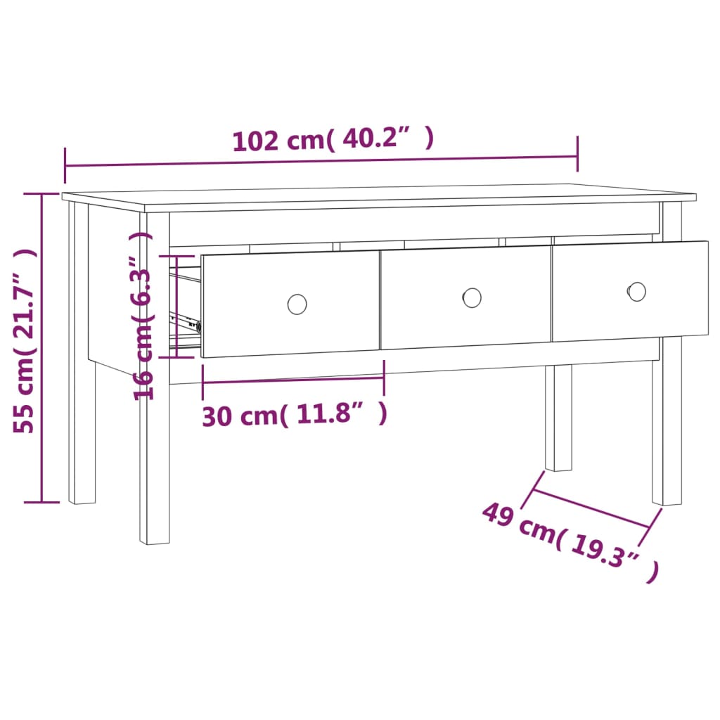 vidaXL Mesa de centro 102x49x55 cm pinho maciço castanho mel