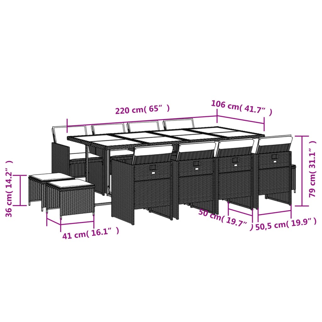 vidaXL 13 pcs conjunto de jantar p/jardim com almofadões vime PE preto