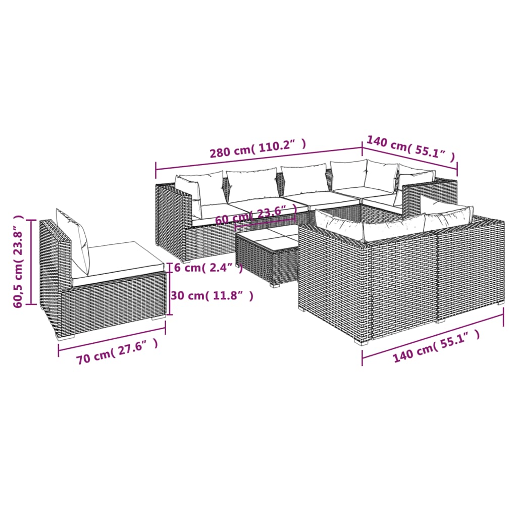 vidaXL 9 pcs conjunto lounge de jardim c/ almofadões vime PE preto