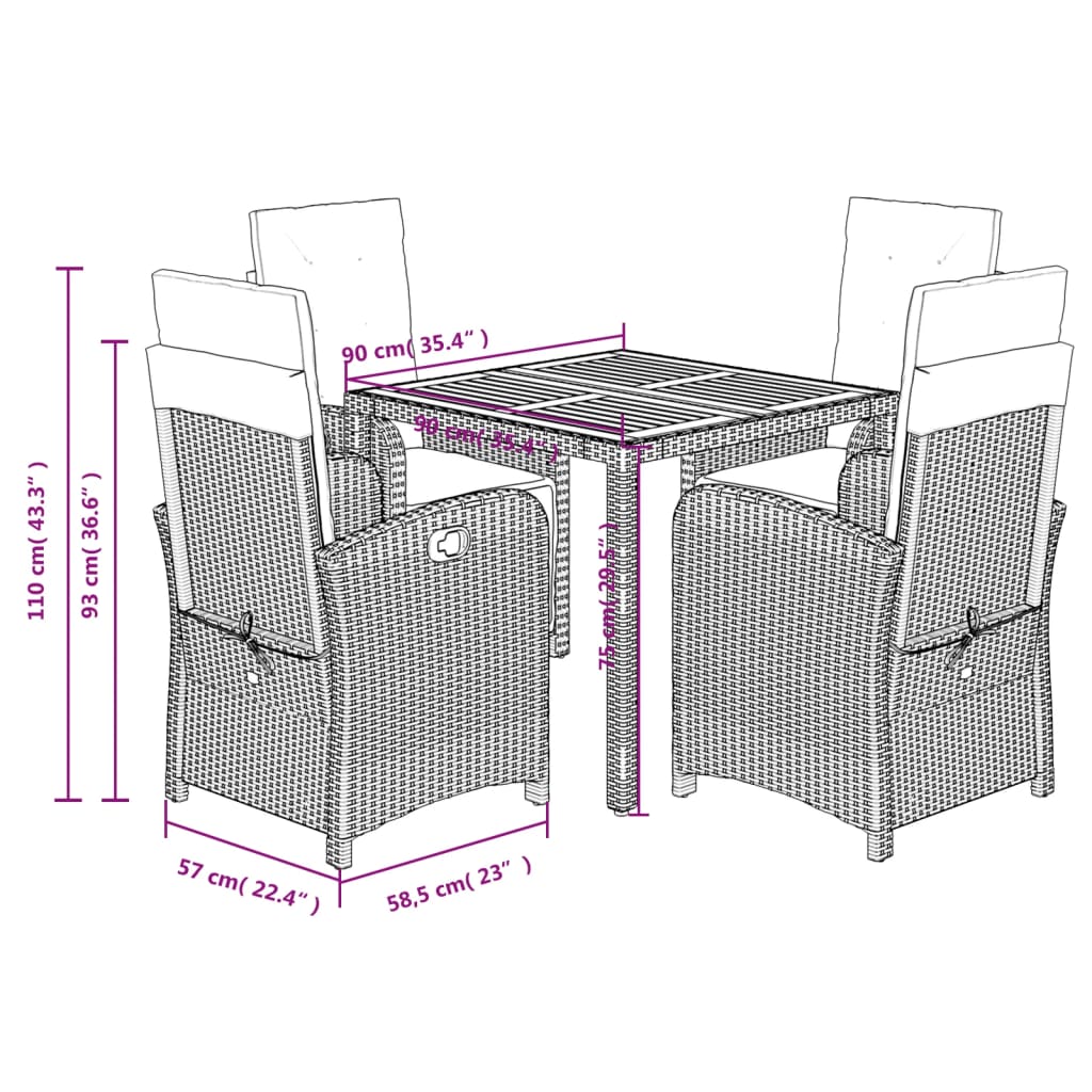 vidaXL 5 pcs conjunto de jantar p/ jardim c/ almofadões vime PE cinza