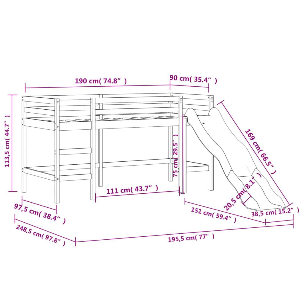 vidaXL Cama alta p/ criança c/ cortinas 90x190 cm pinho maciço azul