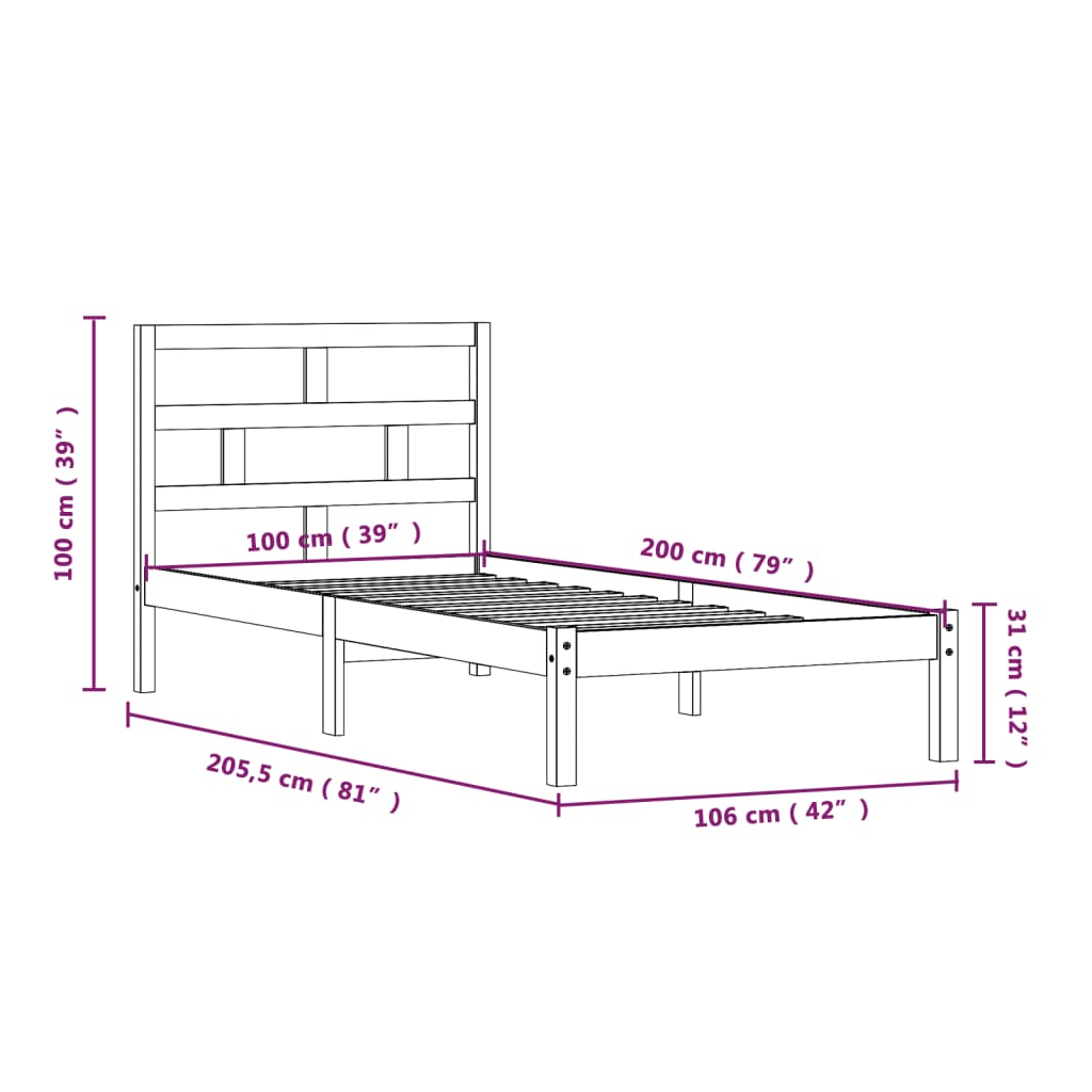 vidaXL Estrutura de cama 100x200 cm pinho maciço