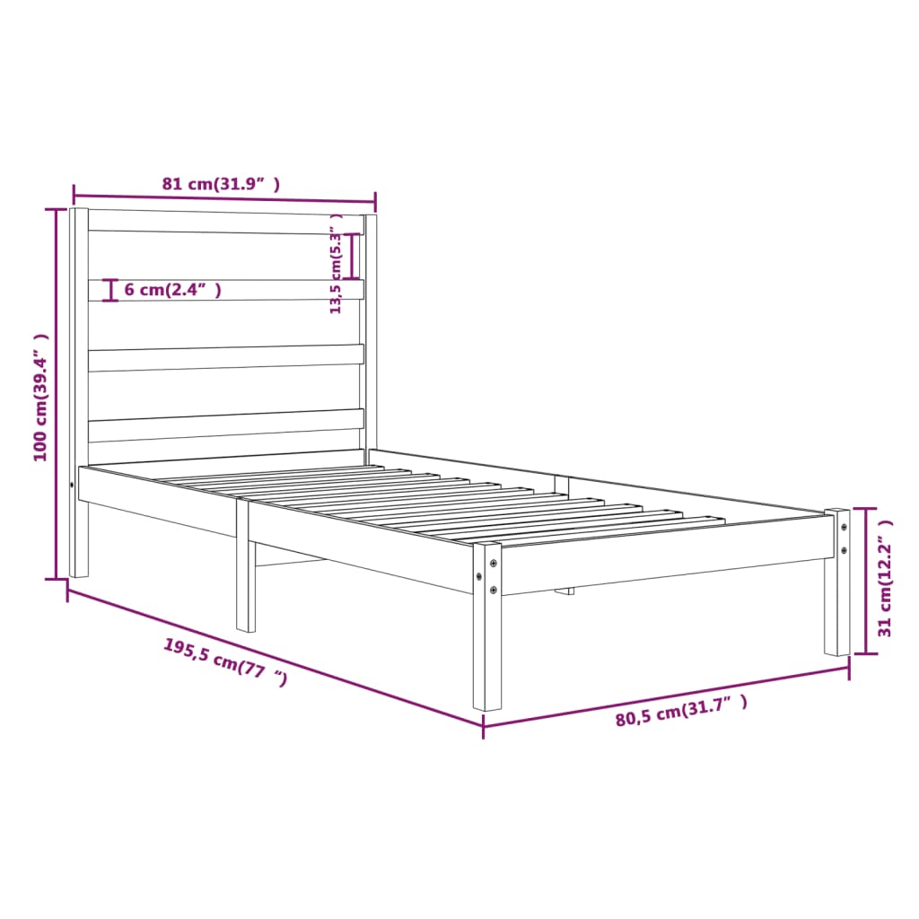 vidaXL Estrutura cama pequena solteiro 75x190 cm madeira maciça preto