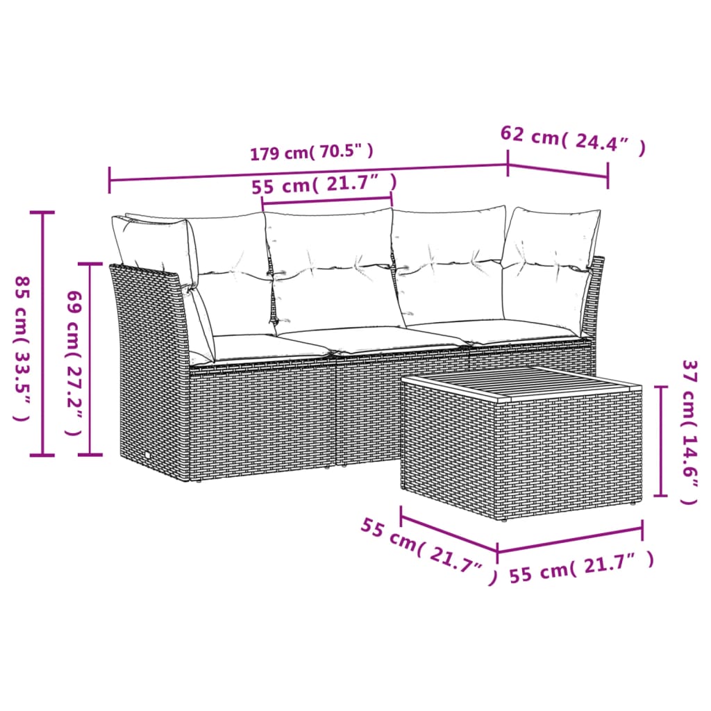 vidaXL 4 pcs conjunto de sofás para jardim c/ almofadões vime PE preto